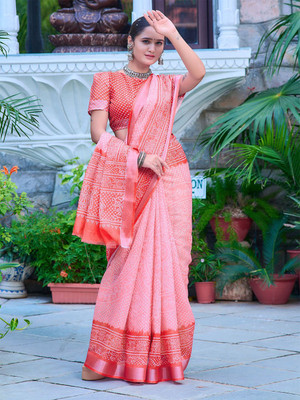 ANOUK Printed Bandhani Linen Saree(Pink)
