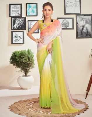 all about you Dyed, Embroidered Bollywood Georgette Saree(Green, Yellow, White, Pink)