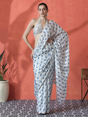 Sangria Printed Daily Wear Satin Saree(White)
