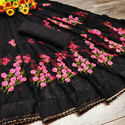 WEDDING VILLAGE Embroidered Bollywood Net Saree(Black)