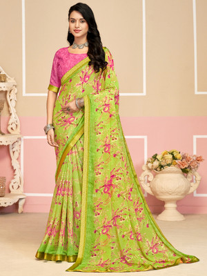 PANZORA Floral Print Daily Wear Chiffon Saree(Pack of 2, Light Green)