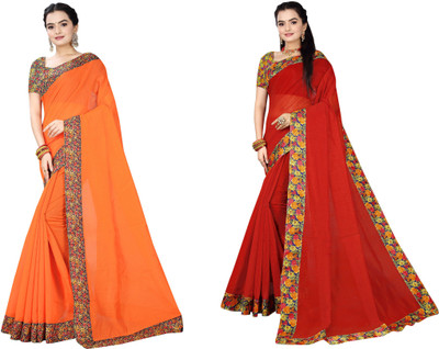 manish Solid/Plain Chanderi Cotton Blend Saree(Pack of 2, Red, Orange)