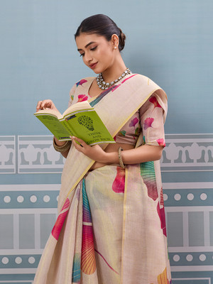 SOHINI NX Printed, Woven Bollywood Cotton Blend Saree(Beige)