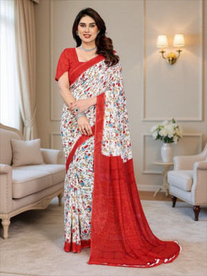 SmittenSmit Printed Bollywood Georgette Saree(White, Red)