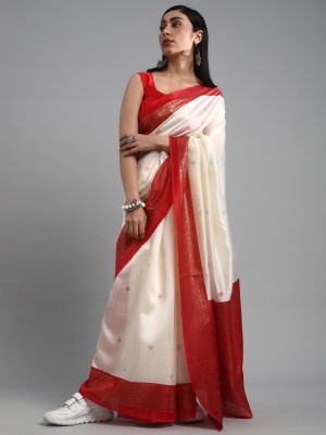 Sareemall Woven Banarasi Cotton Blend Saree(Cream)