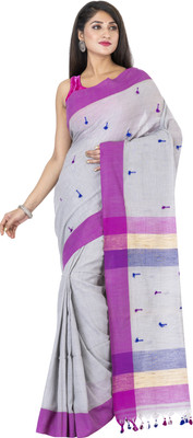 SAYAN CREATION Self Design Handloom Pure Cotton Saree(Grey, Purple)