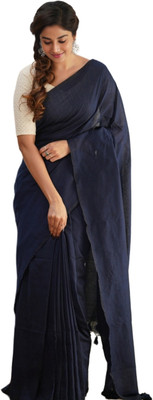Trndysares Solid/Plain Handloom Cotton Blend Saree(Dark Blue)