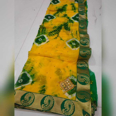 BL Group Checkered, Embellished, Woven, Digital Print, Printed Bandhani Chiffon Saree(Yellow)