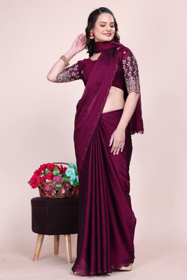 saanvi Solid/Plain, Self Design, Embroidered Bollywood Jimmy choo, Chiffon Saree(Purple)