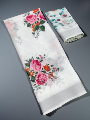 Drujha Digital Print, Printed Daily Wear Cotton Linen Saree(White)