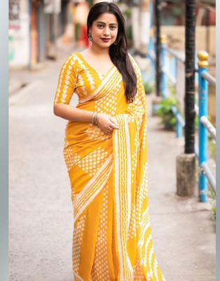 Mokshit Printed Bollywood Cotton Linen Saree(Yellow)