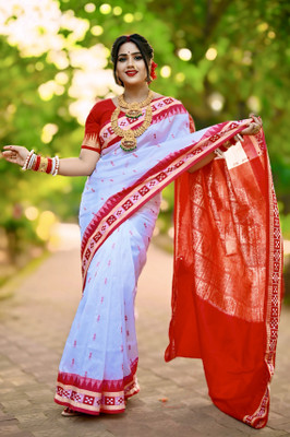 ETHNIC SAREES Bharat Temple Border, Woven Sambalpuri Art Silk Saree(White)