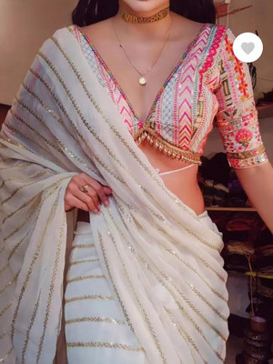riddhisa fashion Embroidered, Striped, Geometric Print, Floral Print Bollywood Georgette Saree(White)