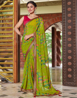 Samah Printed Daily Wear Georgette, Chiffon Saree(Green)