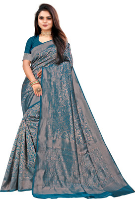 Vedant Vastram Floral Print Banarasi Silk Blend Saree(Dark Green)