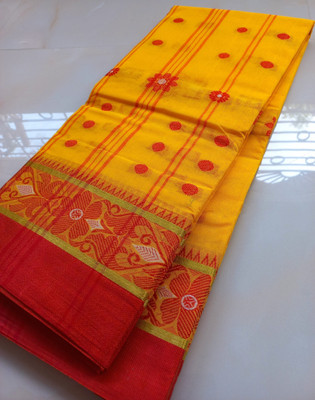 Maasaree Solid/Plain Tant Pure Cotton Saree(Yellow)