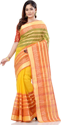 Desh Bidesh Temple Border, Self Design, Solid/Plain, Striped Handloom Handloom Cotton Blend, Pure Cotton Saree(Yellow)
