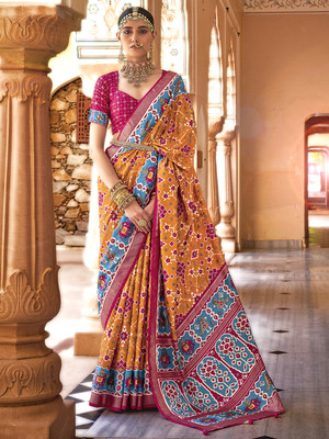 Tasrika Woven Patola Silk Blend Saree(Mustard)