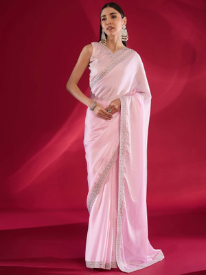 Divastri Embroidered Bollywood Satin Saree(Pink)