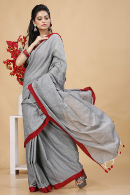 GOLU Solid/Plain Handloom Pure Cotton Saree(Grey)