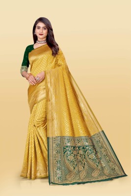 WILLMAKE Printed, Self Design, Color Block, Striped, Embroidered, Woven, Embellished, Solid/Plain Bollywood Jacquard, Art Silk Saree(Yellow)