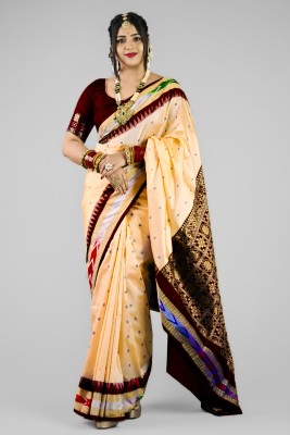 Sijileen Temple Border, Woven Sambalpuri Art Silk Saree(Cream)