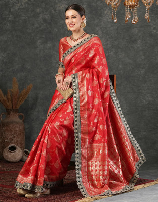 Samah Woven, Embellished Banarasi Silk Blend, Jacquard Saree(Red, Gold)