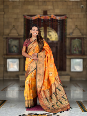 Yogik Creation Floral Print Banarasi Art Silk Saree(Orange)