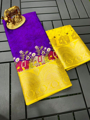 mohur trends Animal Print Bollywood Cotton Blend Saree(Purple)