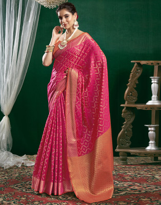 all about you Self Design, Woven Patola Silk Blend Saree(Pink, Orange, Gold)