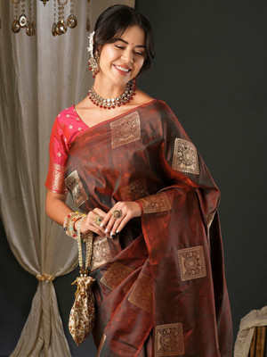 ANOUK Woven Banarasi Silk Blend Saree(Brown)