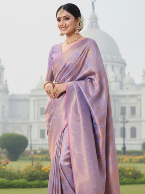 all about you Woven Kanjivaram Silk Blend Saree(Purple)