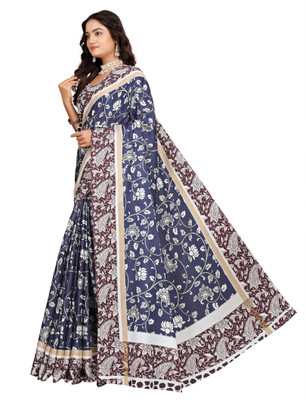 Mervadiya Printed Kanjivaram Pure Cotton, Cotton Silk Saree(Dark Blue, Maroon)
