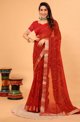 georgette Printed Bandhani Georgette Saree(Red)