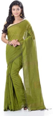 BongSaree Solid/Plain Handloom Handloom Pure Cotton Saree(Green)