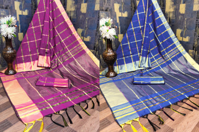KHODIYAR TRENDZ Checkered, Woven Daily Wear Cotton Silk Saree(Pack of 2, Magenta, Multicolor)
