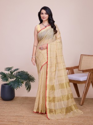 RegalDrapes Checkered Kota Doria Cotton Silk Saree(Cream)