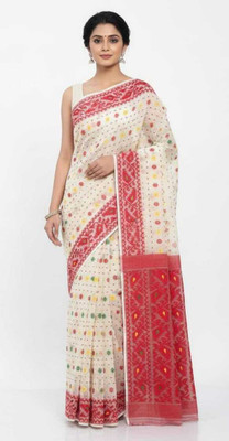 S G SAREES Woven, Self Design Jamdani Handloom Cotton Blend Saree(White)