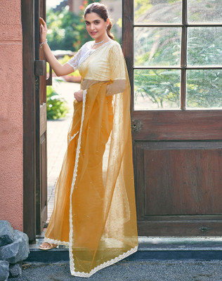 SIRIL Dyed, Embellished, Self Design Bollywood Net Saree(Yellow)