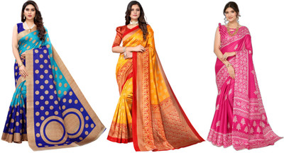 Nirvaan Printed Kalamkari Art Silk Saree(Pack of 3, Blue, Yellow, Pink)