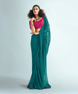 Samah Woven, Embellished Bollywood Georgette Saree(Blue)