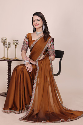 K 5 FASHION Embellished, Embroidered, Solid/Plain Bollywood Chiffon Saree(Mustard)