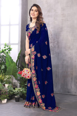 KB DESIGNER Embroidered, Floral Print, Embellished Bollywood Georgette Saree(Dark Blue)