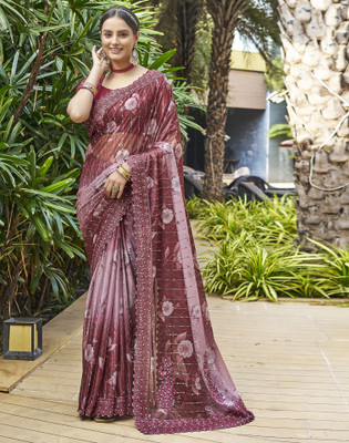 Satrani Digital Print, Embellished, Floral Print Bollywood Lycra Blend Saree(Maroon, Pink)