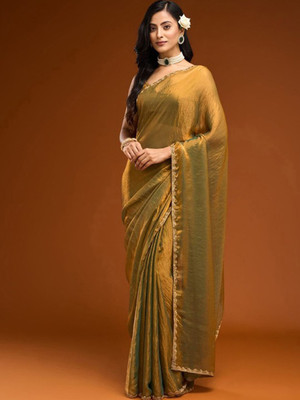 SOLITIQ Solid/Plain Bollywood Chiffon Saree(Gold)