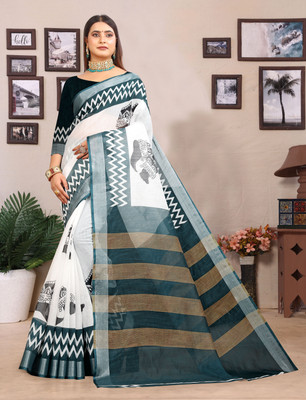HangerStories Woven Kanjivaram Pure Cotton, Cotton Linen Saree(White, Black)