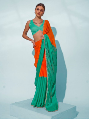 odette Self Design Saree with Attached Blouse Georgette Saree(Orange)