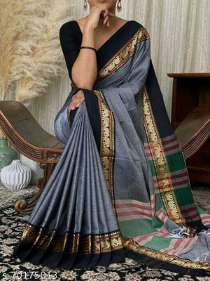 BongAp Self Design Handloom Cotton Blend Saree(Grey)