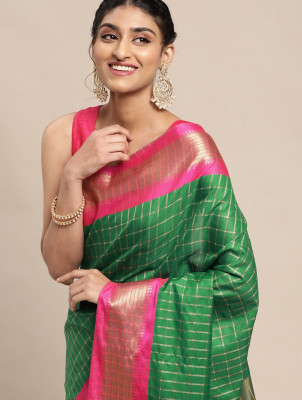 Quexle Color Block Bollywood Cotton Silk Saree(Green)