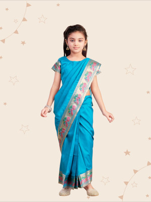 Kidotsav Solid/Plain, Woven Bollywood Pure Silk Saree(Blue)